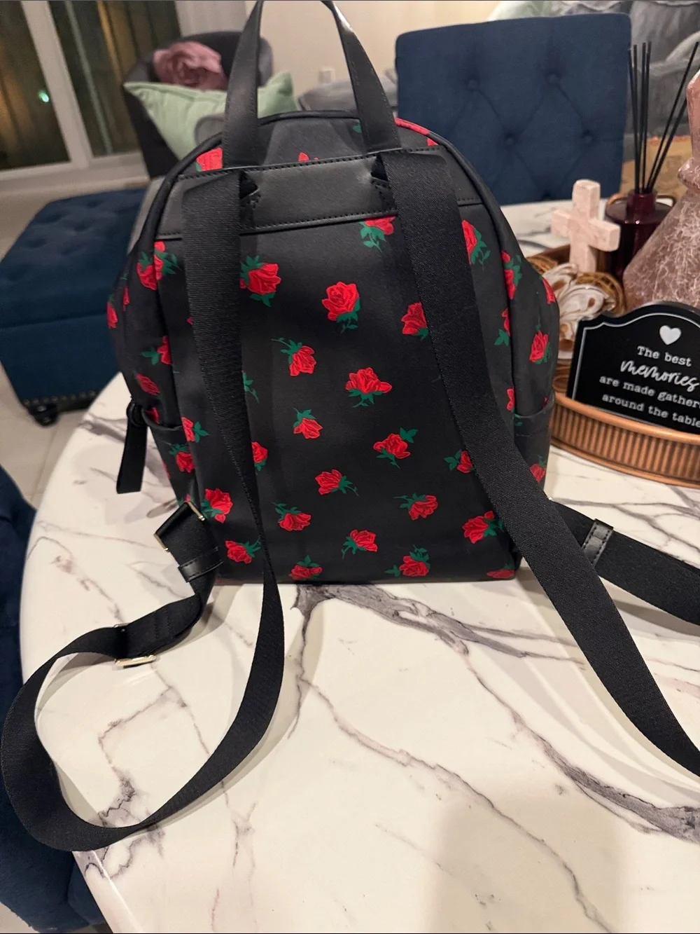 kate spade black backpack with red rose print